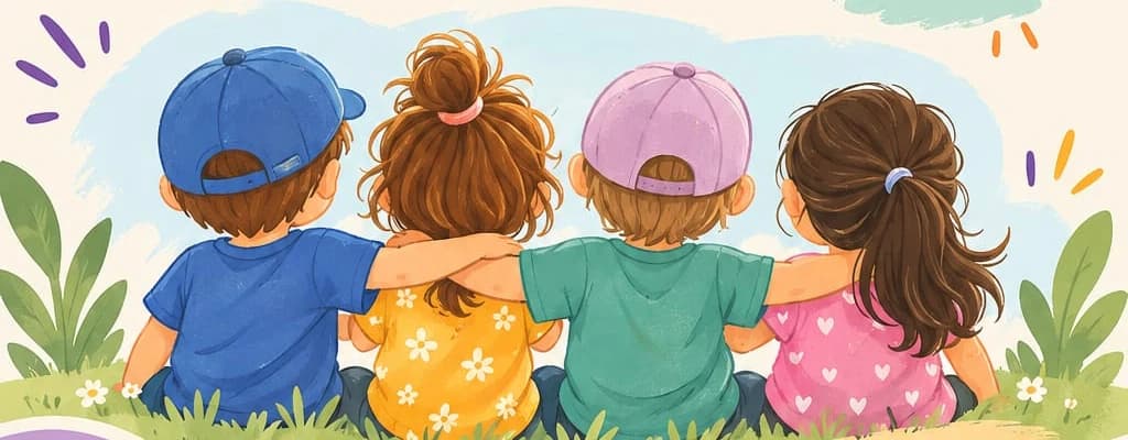 Ilustración de cuatro niños y niñas sentados de espaldas en el pasto, abrazados, mirando el cielo.