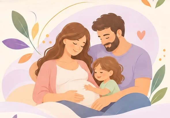 Ilustración de una familia abrazada: una mujer embarazada, su pareja y una niña que apoya la mano en la panza.