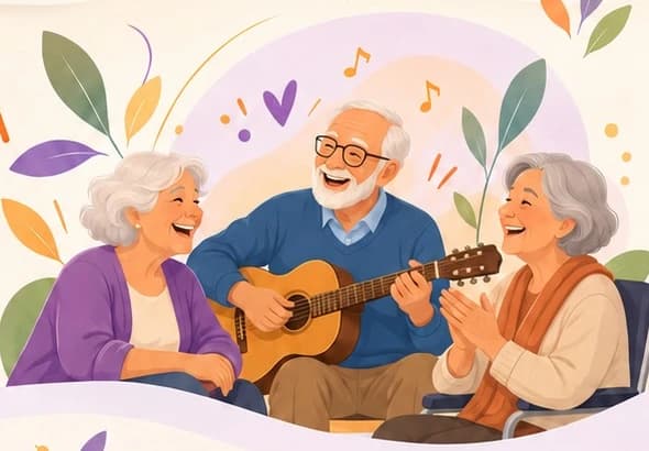 Ilustración de tres adultos mayores cantando y riendo mientras uno toca la guitarra.
